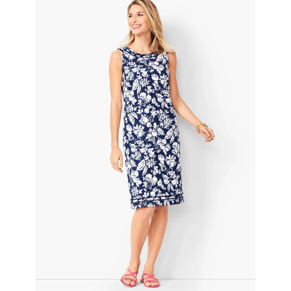 Talbots Dress Mixed Fruit Textured Shift Sleeveless Blue White Coastal 2P Petite